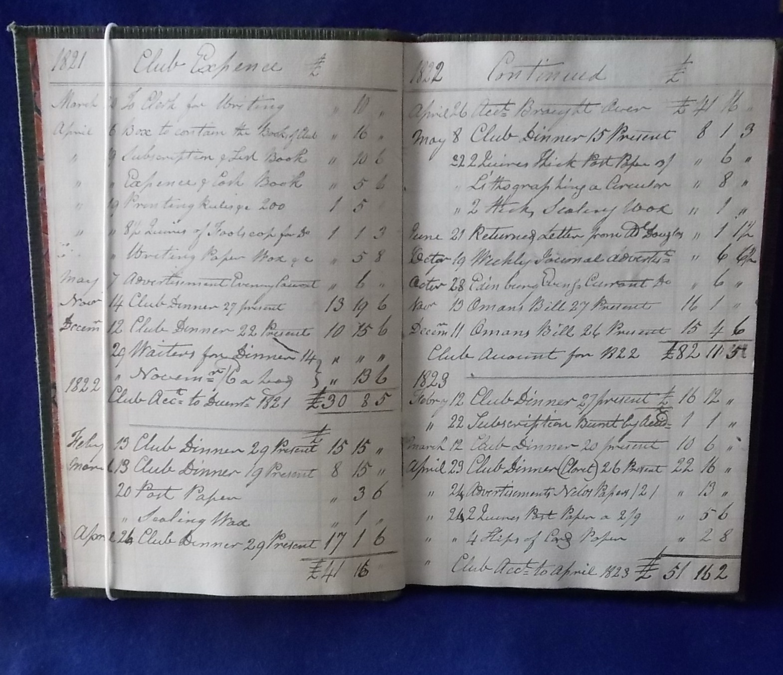 The opening page of the ‘Expences Book’. It shows a breakdown of the cost of the first annual dinner on 14th November 1821